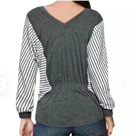 Ouges Tops - Ouges Gray & White stripe Color- Block Cinch Waist Long Sleeves Top Small